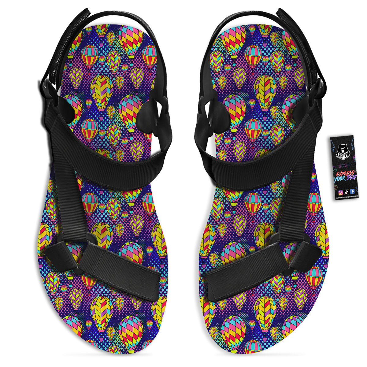 Balloon Air Retro Print Pattern Black Open Toe Sandals-grizzshop