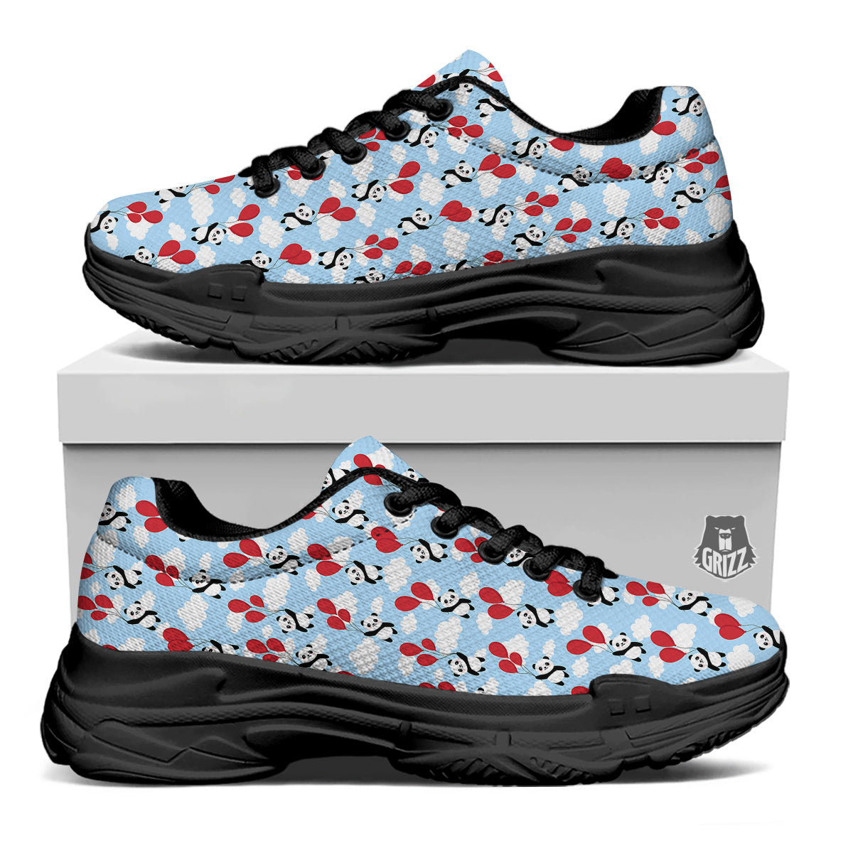Balloon And Cute Panda Print Pattern Black Chunky Shoes-grizzshop