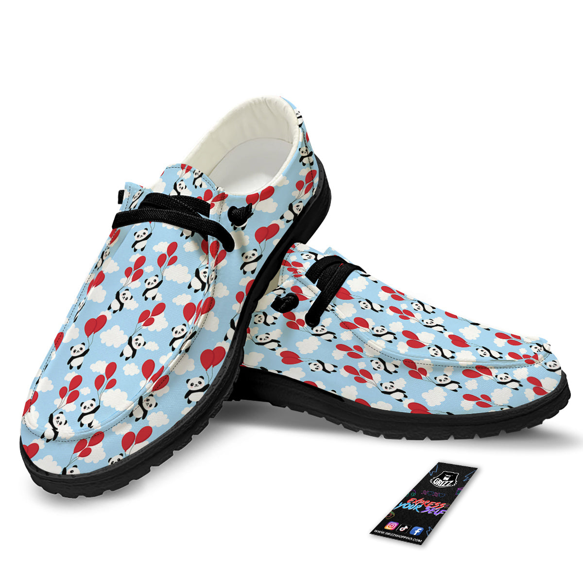 Balloon And Cute Panda Print Pattern Black Loafers-grizzshop