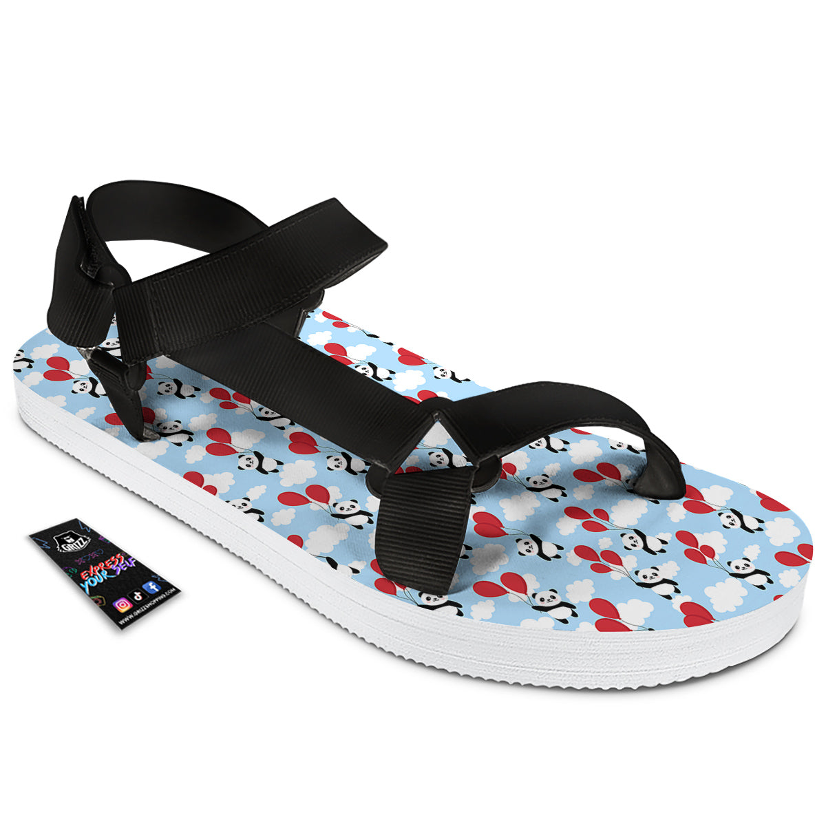 Balloon And Cute Panda Print Pattern Black Open Toe Sandals-grizzshop