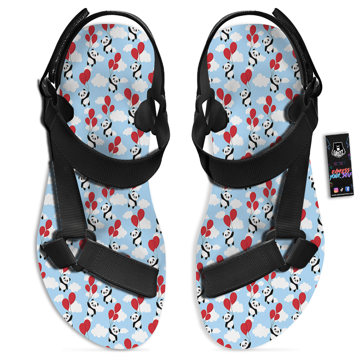 Balloon And Cute Panda Print Pattern Black Open Toe Sandals-grizzshop