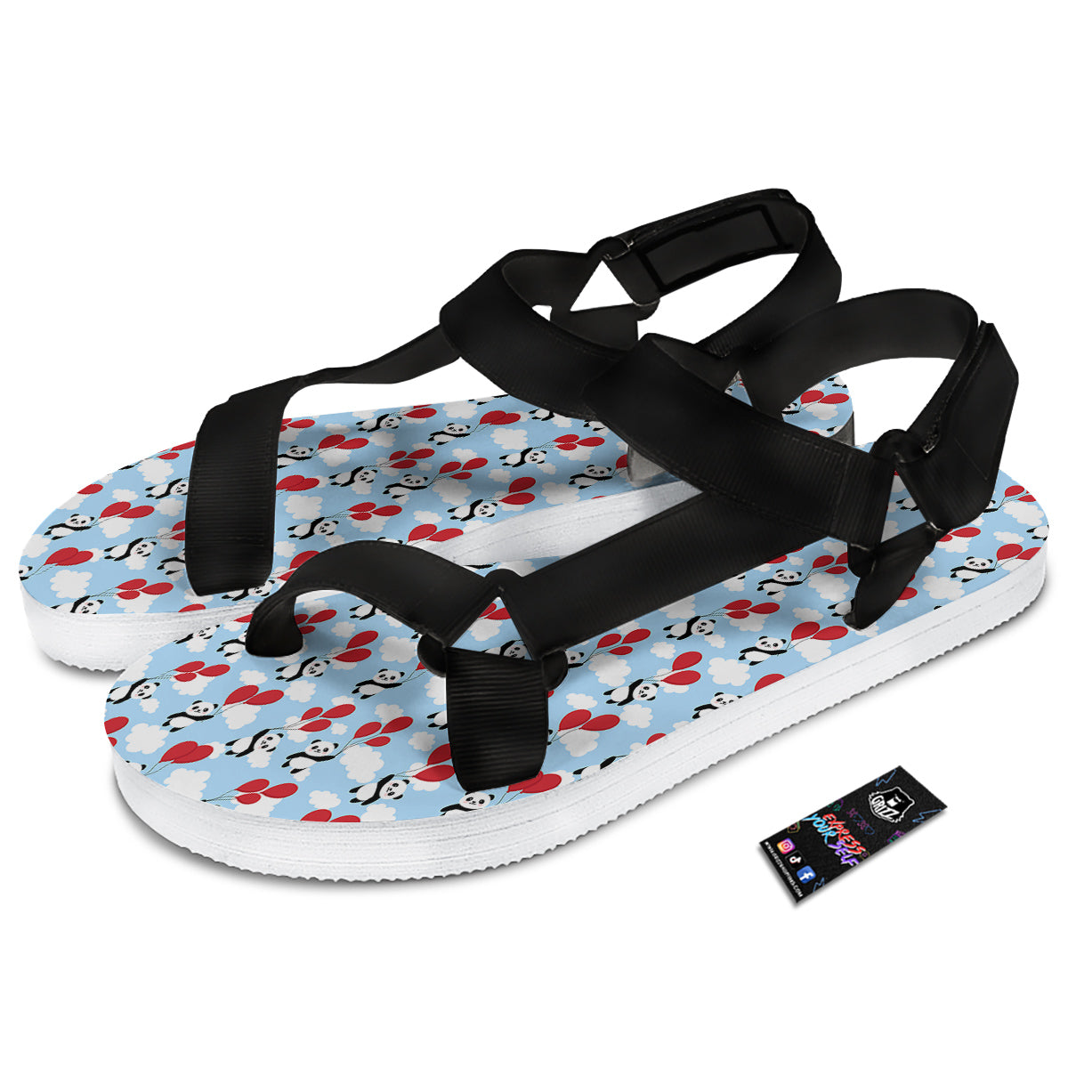 Balloon And Cute Panda Print Pattern Black Open Toe Sandals-grizzshop