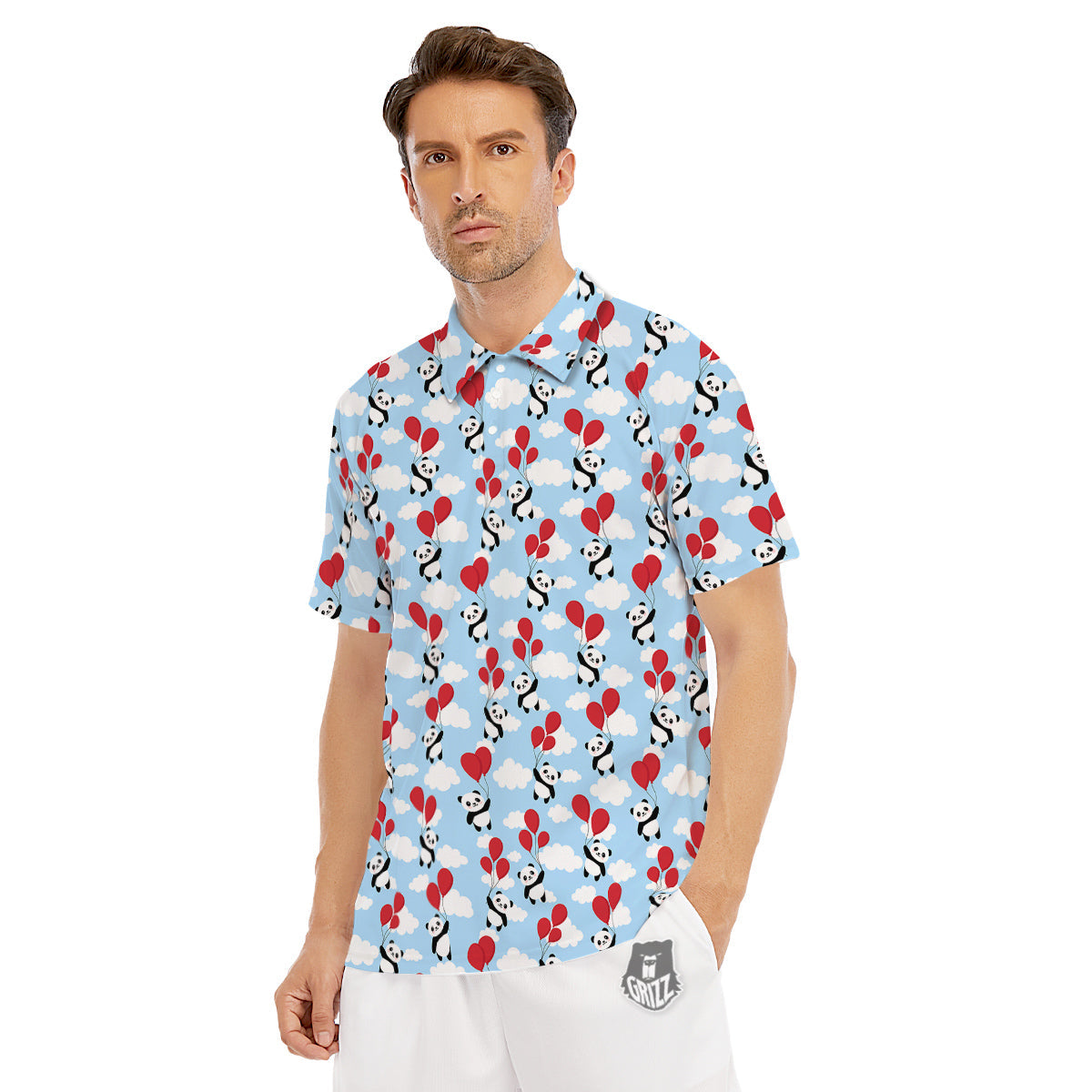 Balloon And Cute Panda Print Pattern Men's Golf Shirts-grizzshop