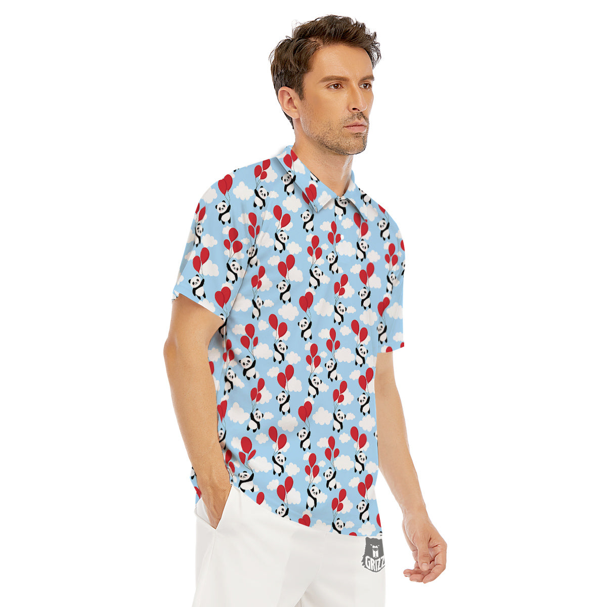 Balloon And Cute Panda Print Pattern Men's Golf Shirts-grizzshop