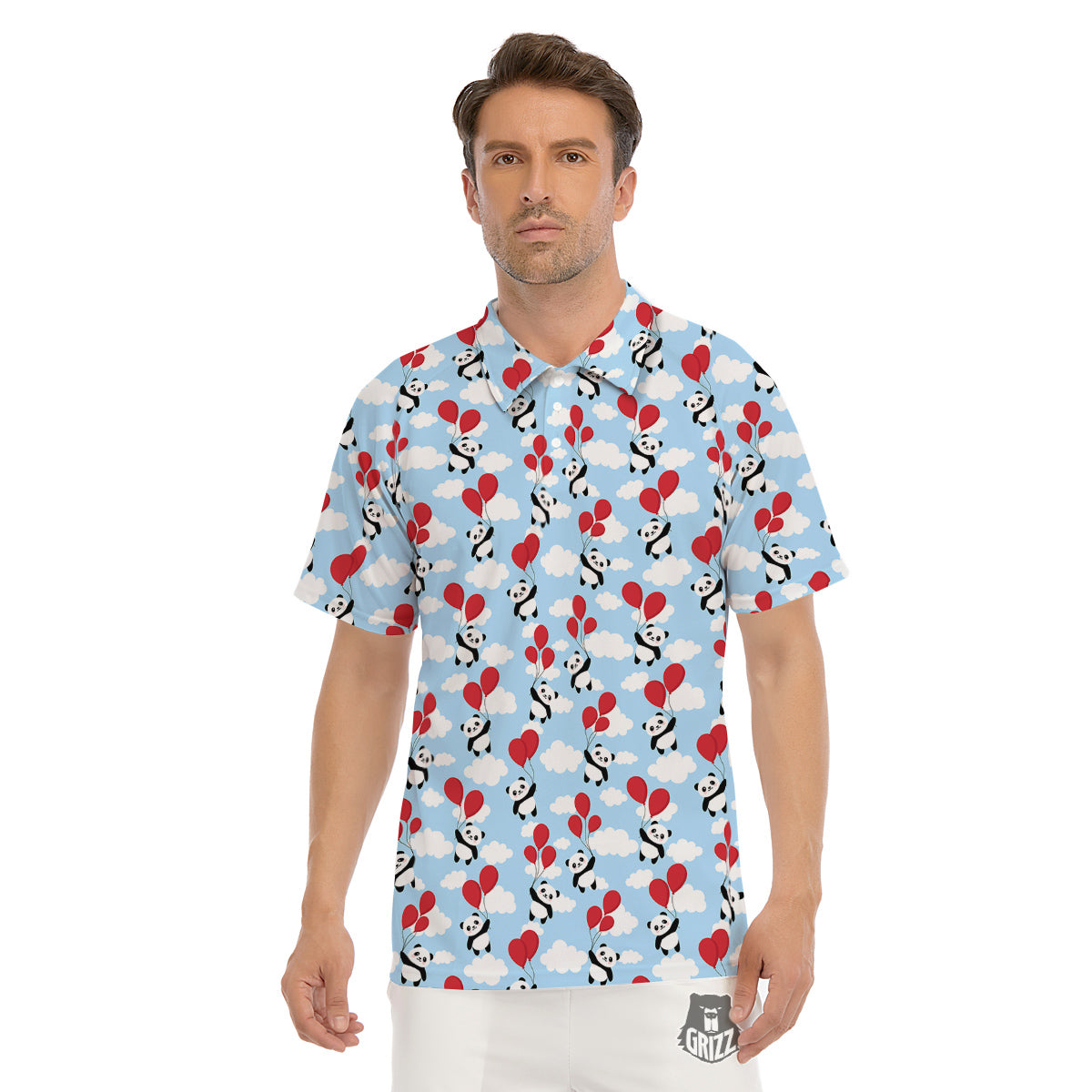 Balloon And Cute Panda Print Pattern Men's Golf Shirts-grizzshop