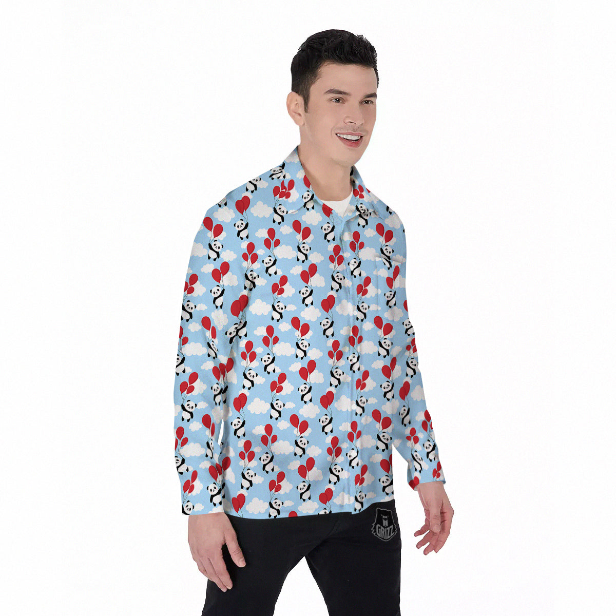 Balloon And Cute Panda Print Pattern Men's Long Sleeve Shirts-grizzshop