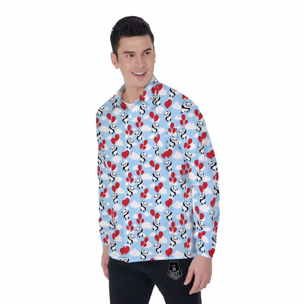 Balloon And Cute Panda Print Pattern Men's Long Sleeve Shirts-grizzshop