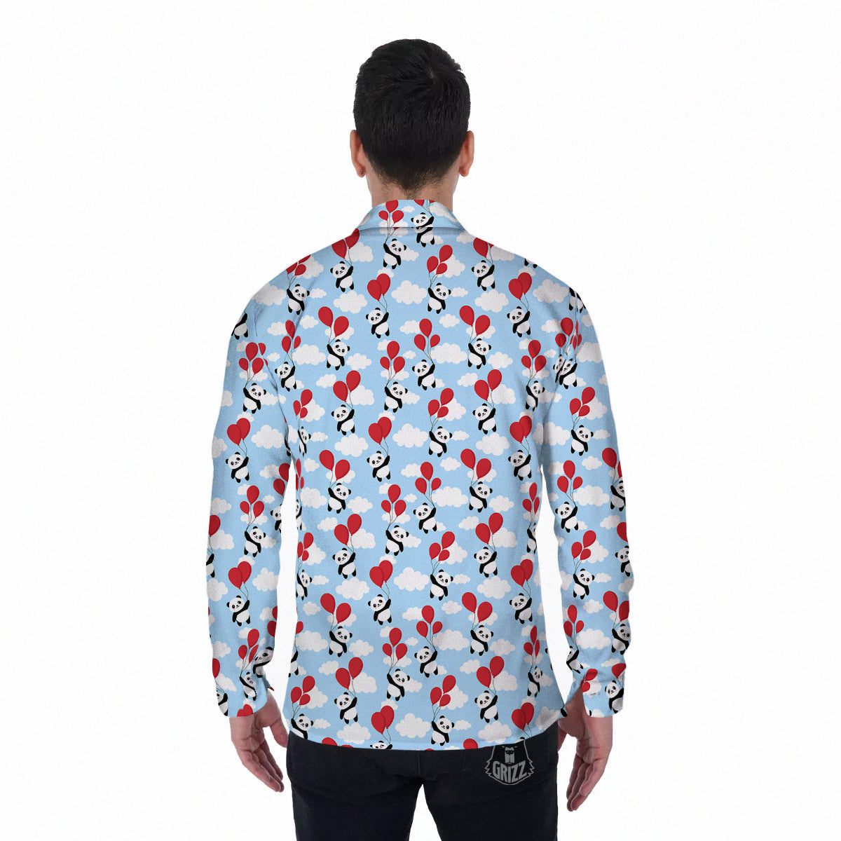 Balloon And Cute Panda Print Pattern Men's Long Sleeve Shirts-grizzshop