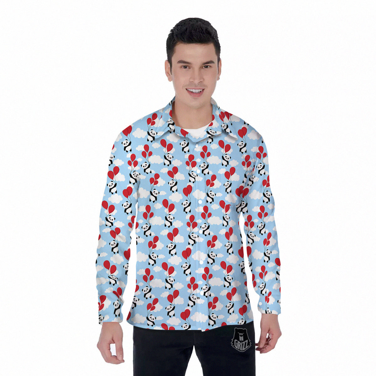 Balloon And Cute Panda Print Pattern Men's Long Sleeve Shirts-grizzshop