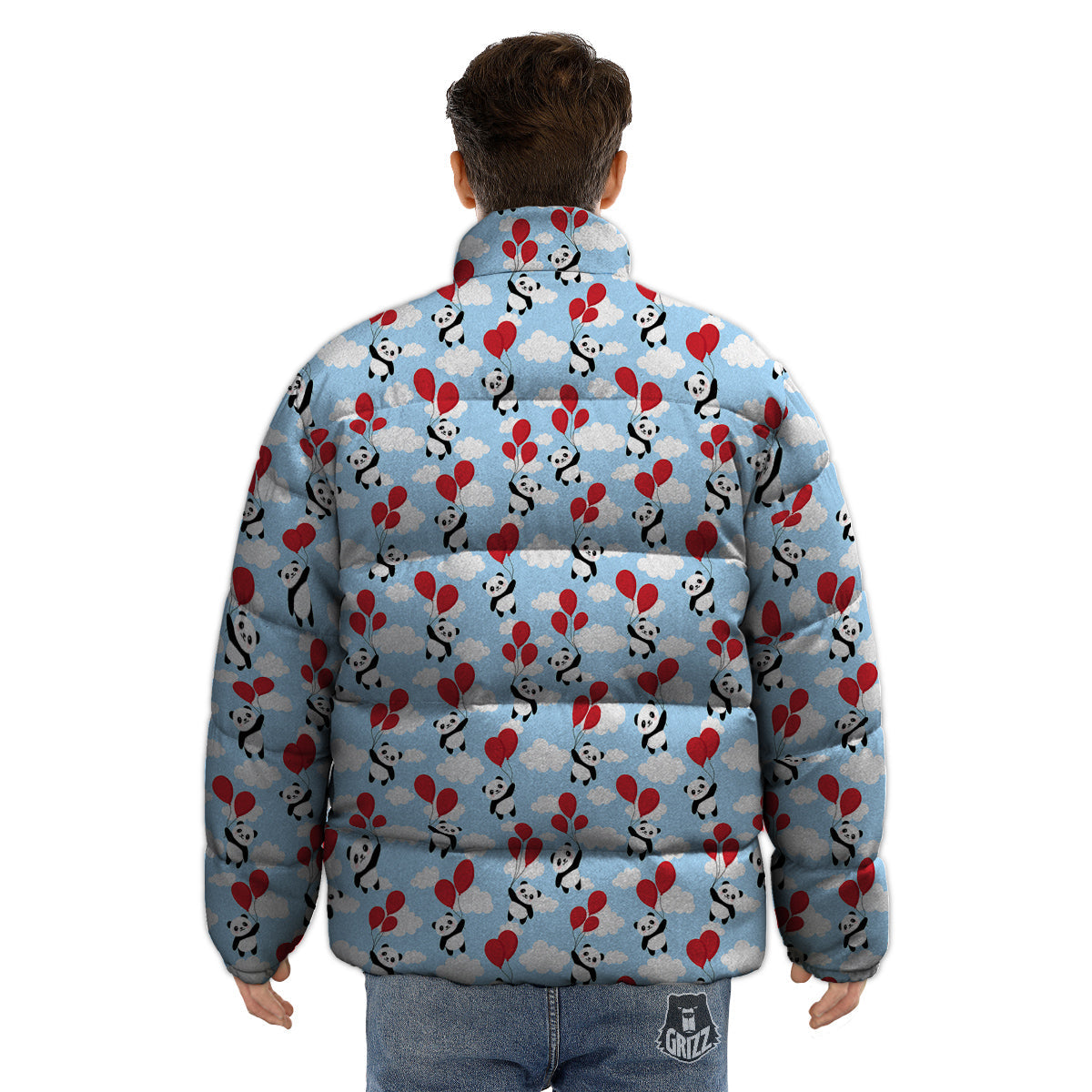 Balloon And Cute Panda Print Pattern Puffer Jacket-grizzshop