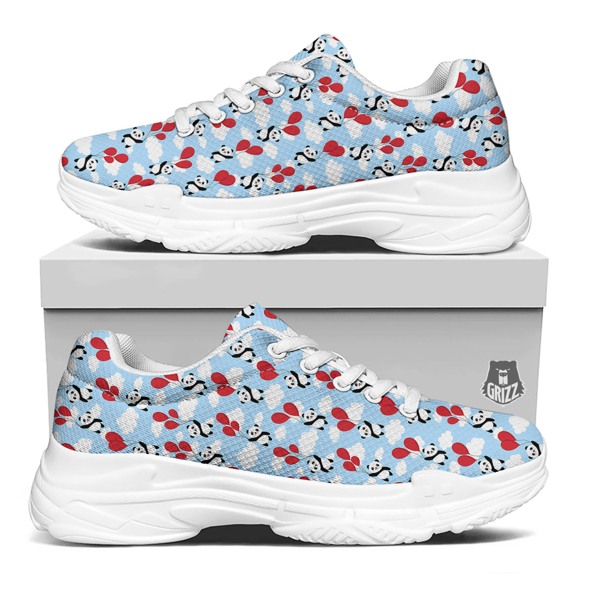 Balloon And Cute Panda Print Pattern White Chunky Shoes-grizzshop