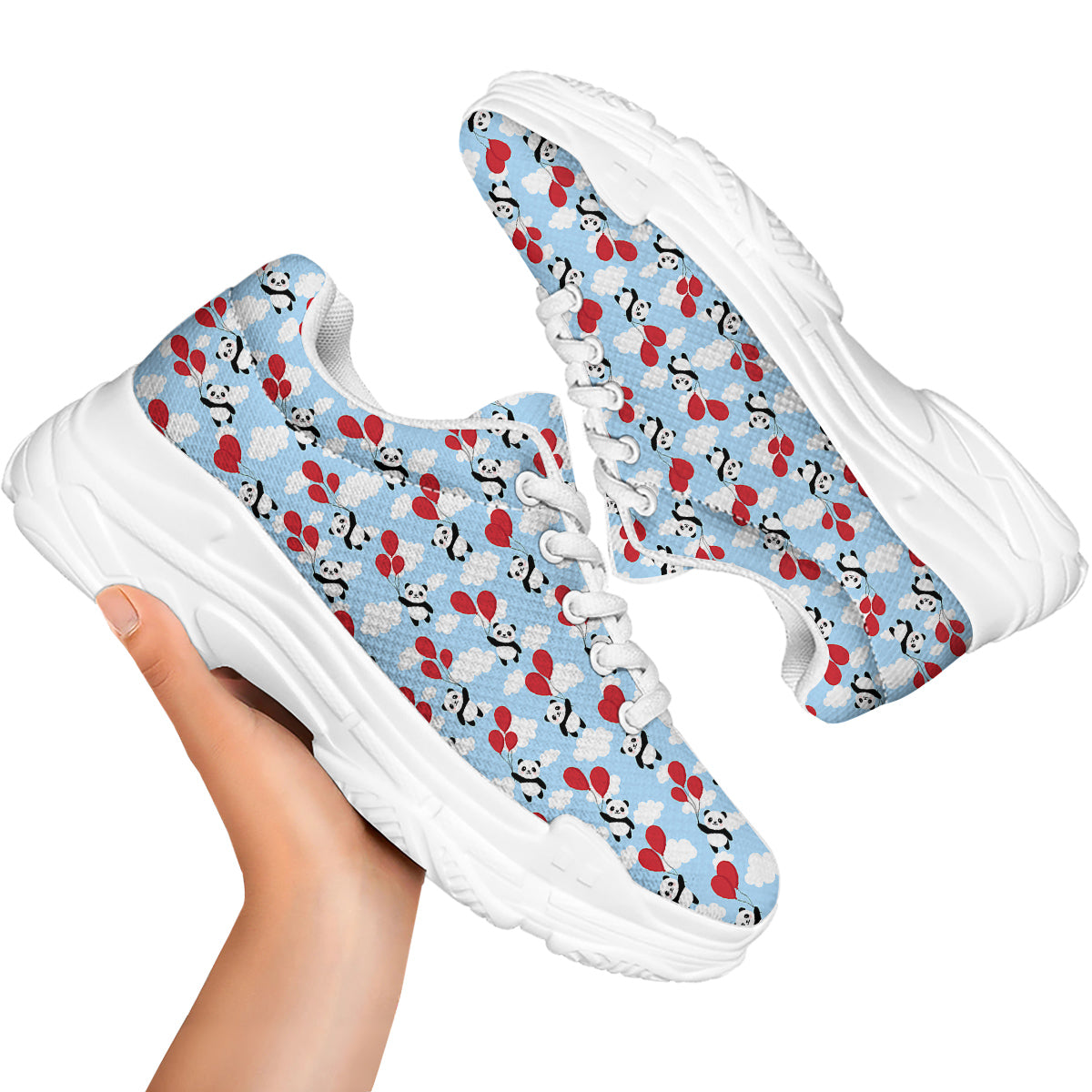Balloon And Cute Panda Print Pattern White Chunky Shoes-grizzshop