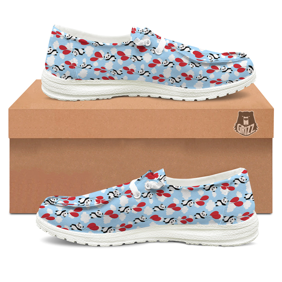 Balloon And Cute Panda Print Pattern White Loafers-grizzshop