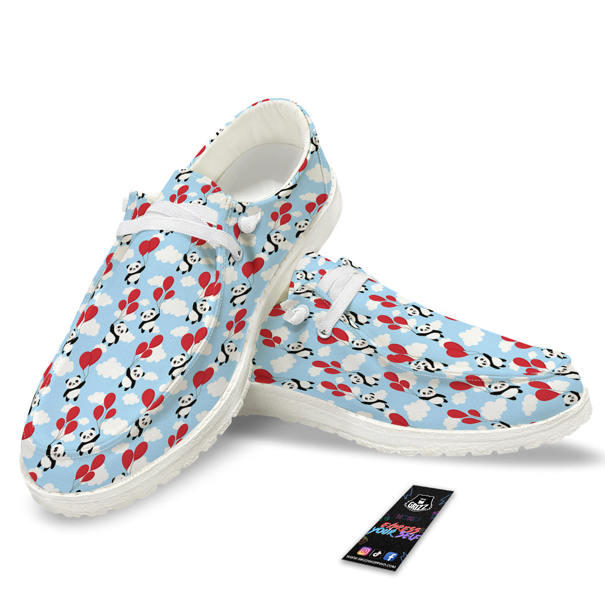 Balloon And Cute Panda Print Pattern White Loafers-grizzshop