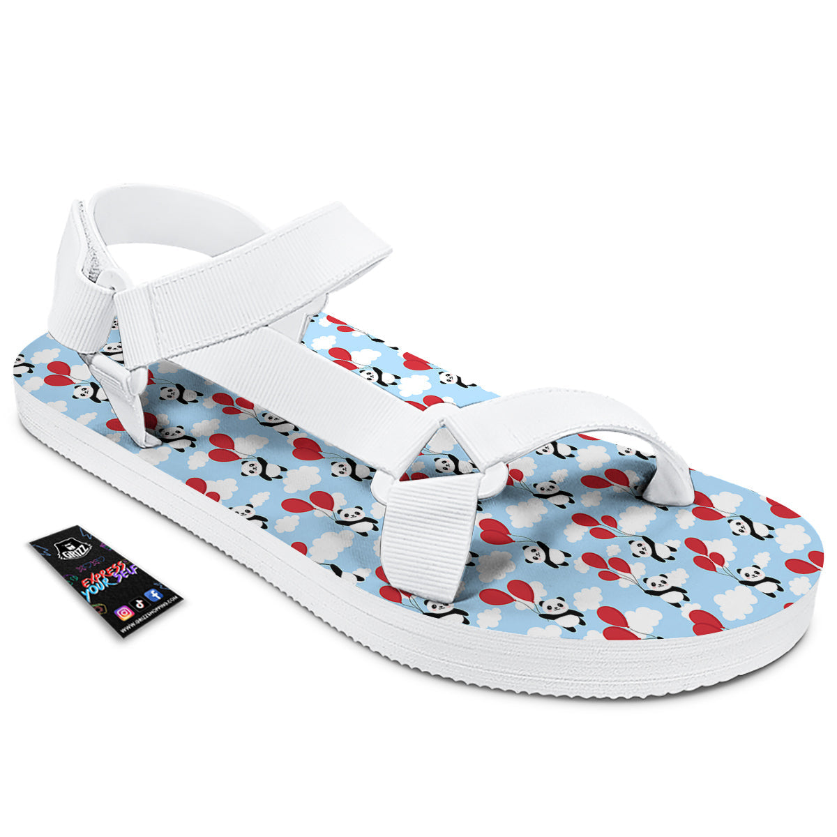 Balloon And Cute Panda Print Pattern White Open Toe Sandals-grizzshop