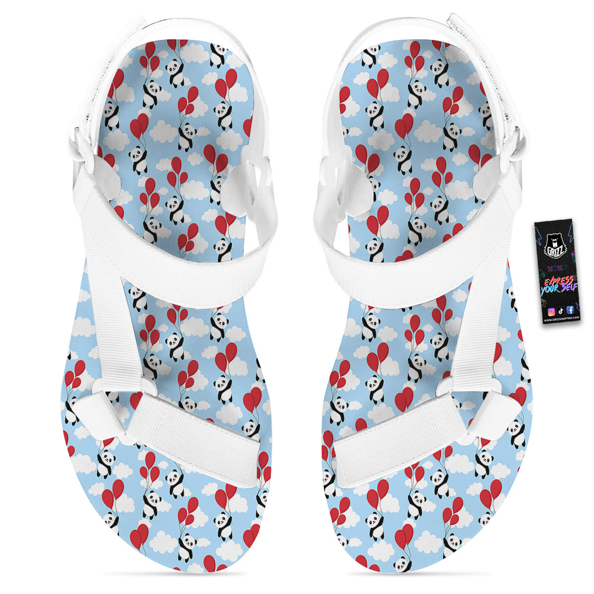 Balloon And Cute Panda Print Pattern White Open Toe Sandals-grizzshop