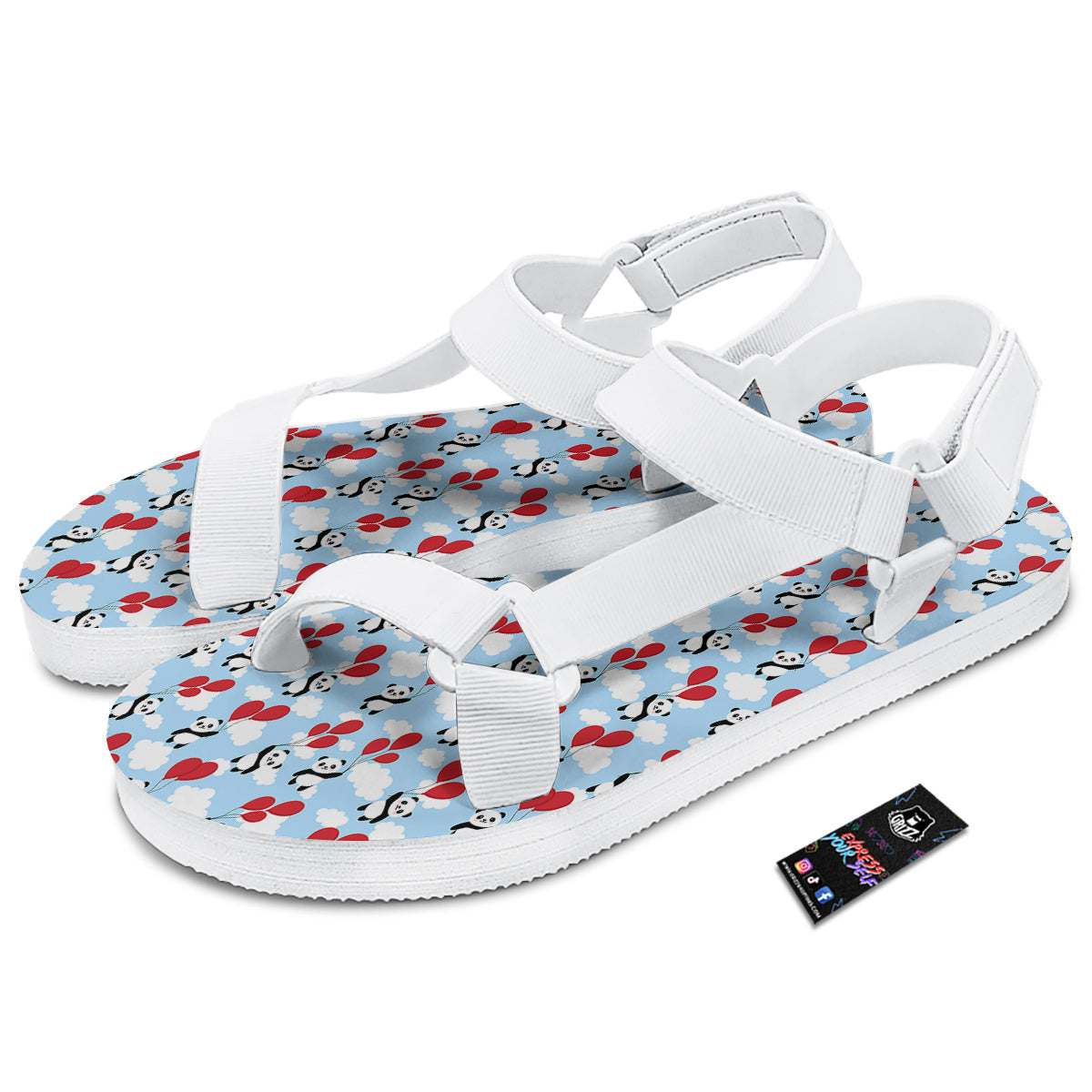 Balloon And Cute Panda Print Pattern White Open Toe Sandals-grizzshop