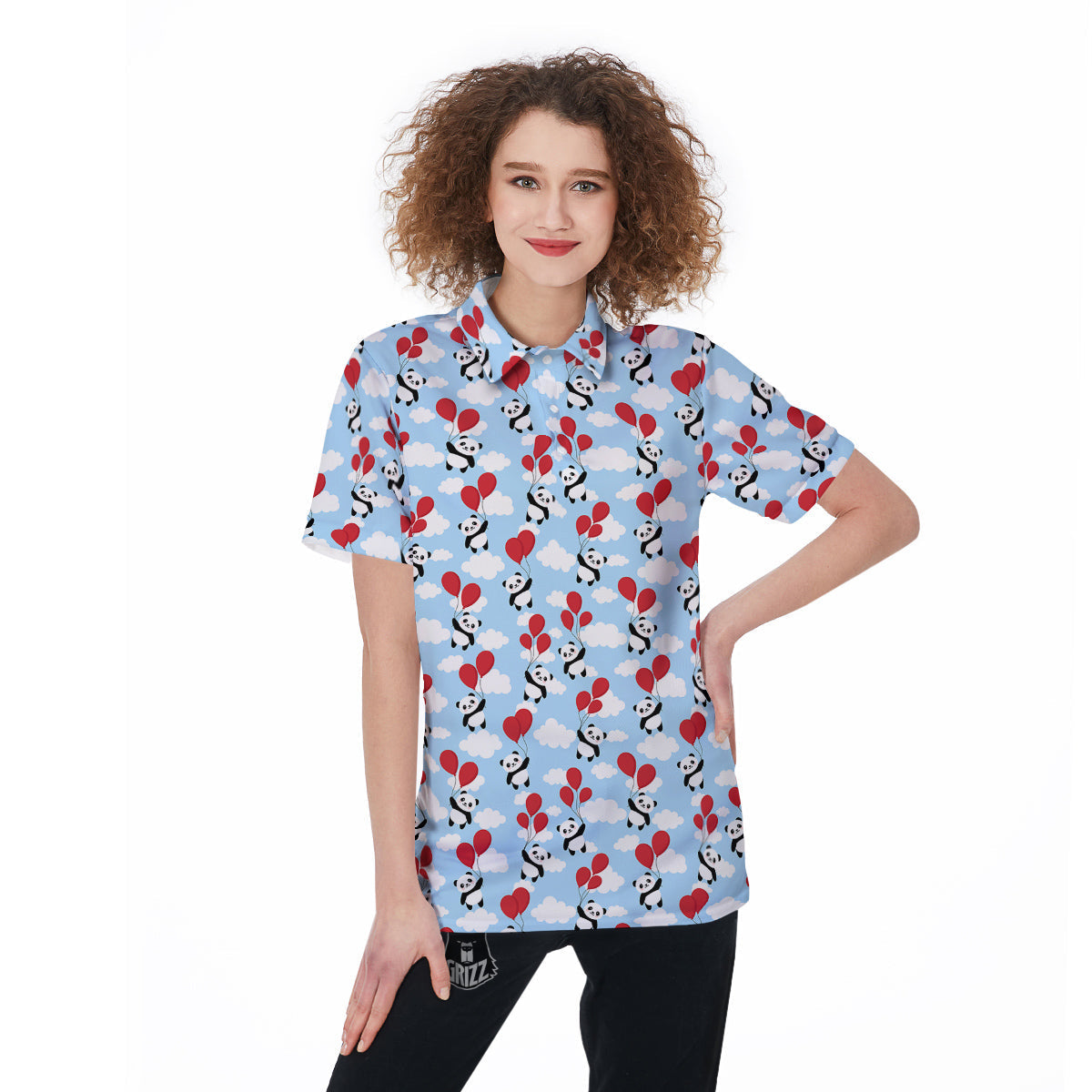 Balloon And Cute Panda Print Pattern Women's Golf Shirts-grizzshop