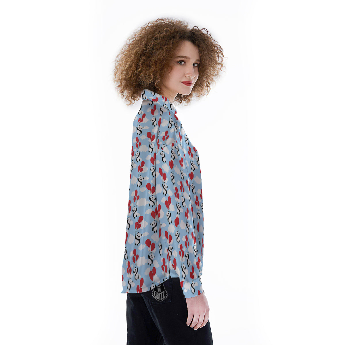 Balloon And Cute Panda Print Pattern Women's Long Sleeve Shirts-grizzshop