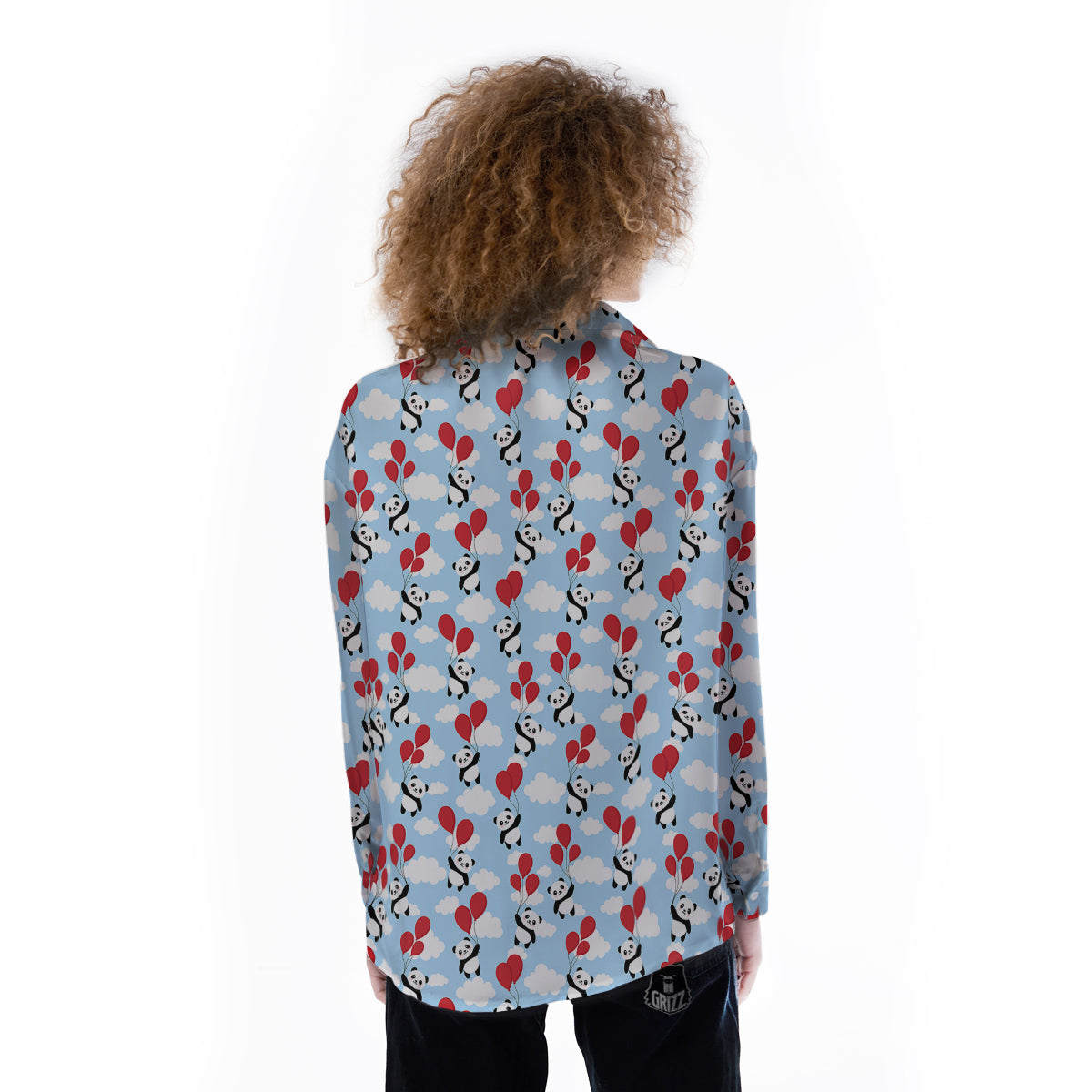 Balloon And Cute Panda Print Pattern Women's Long Sleeve Shirts-grizzshop