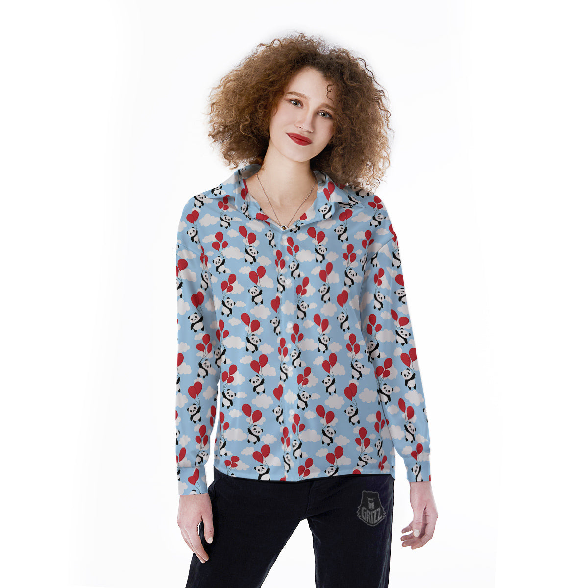 Balloon And Cute Panda Print Pattern Women's Long Sleeve Shirts-grizzshop