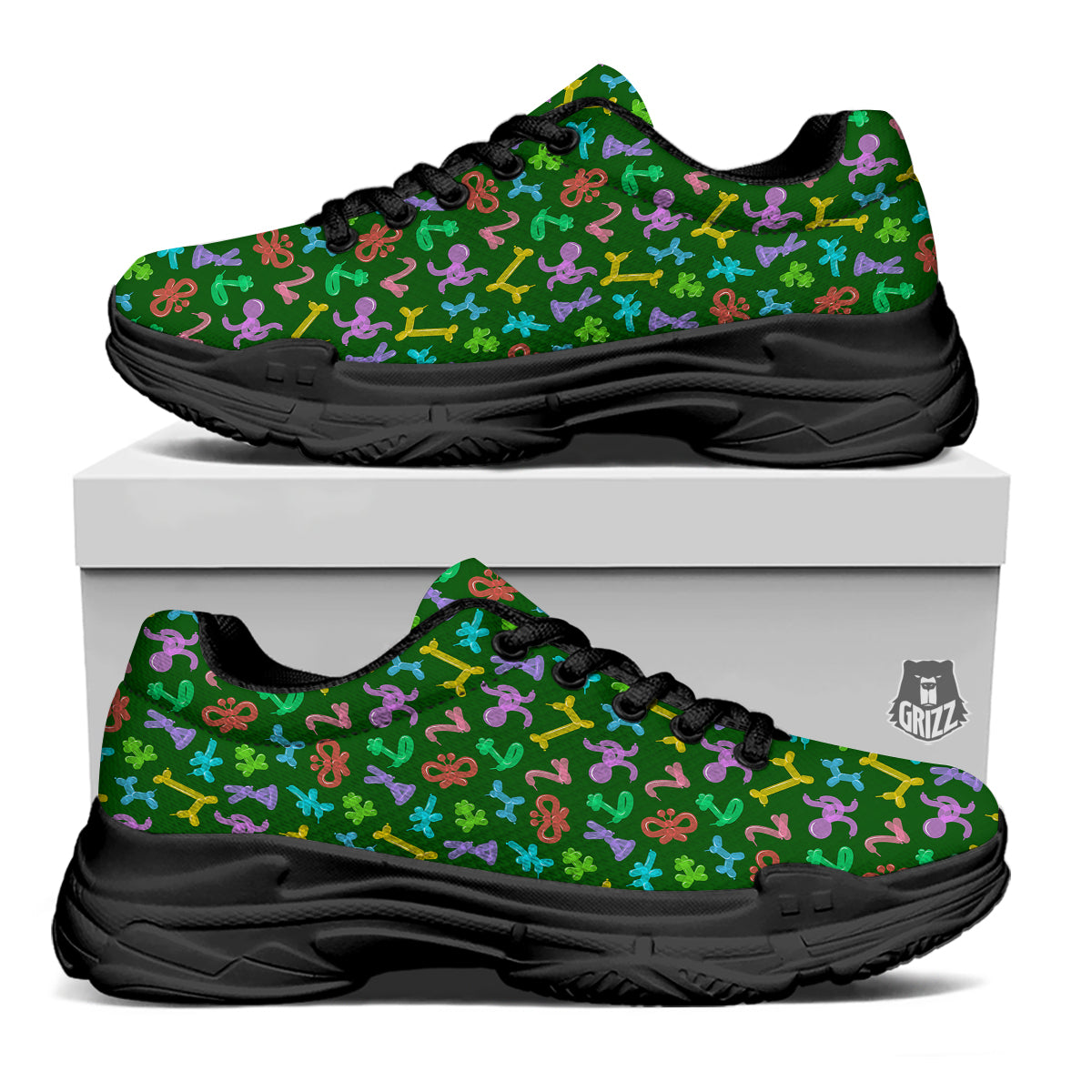 Balloon Modelling Print Pattern Black Chunky Shoes-grizzshop