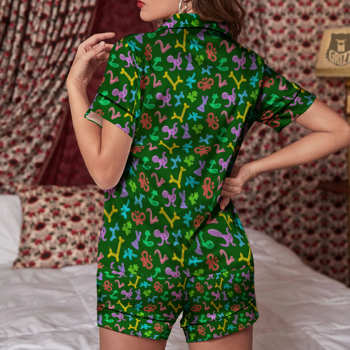 Balloon Modelling Print Pattern Women Silk Pajamas-grizzshop