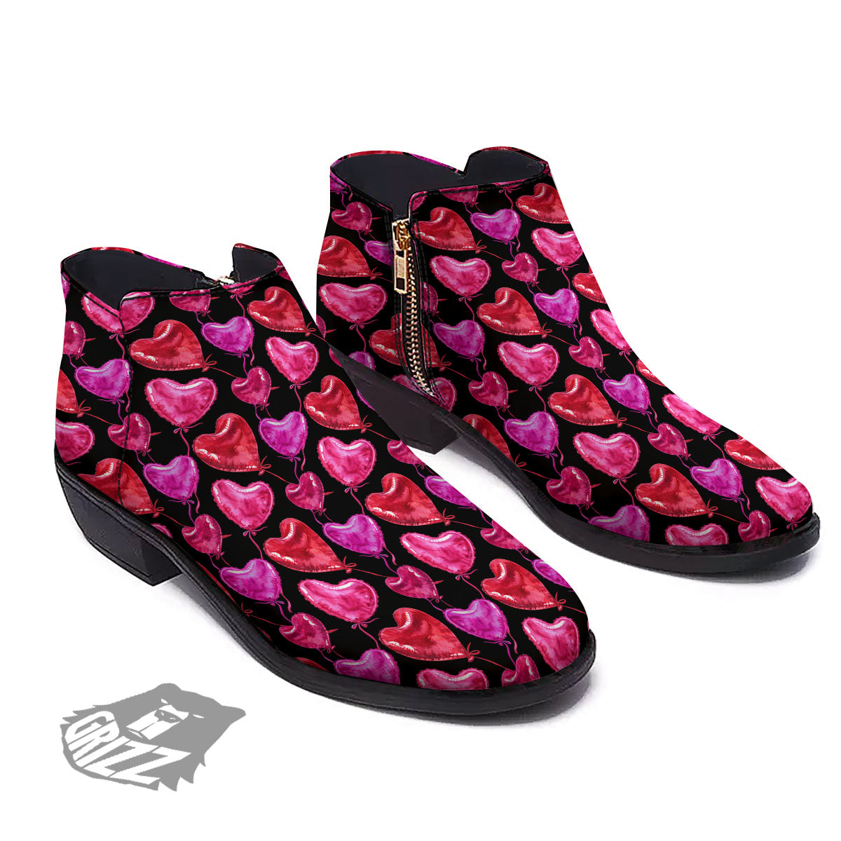 Balloon Red Heart Print Pattern Ankle Boots-grizzshop