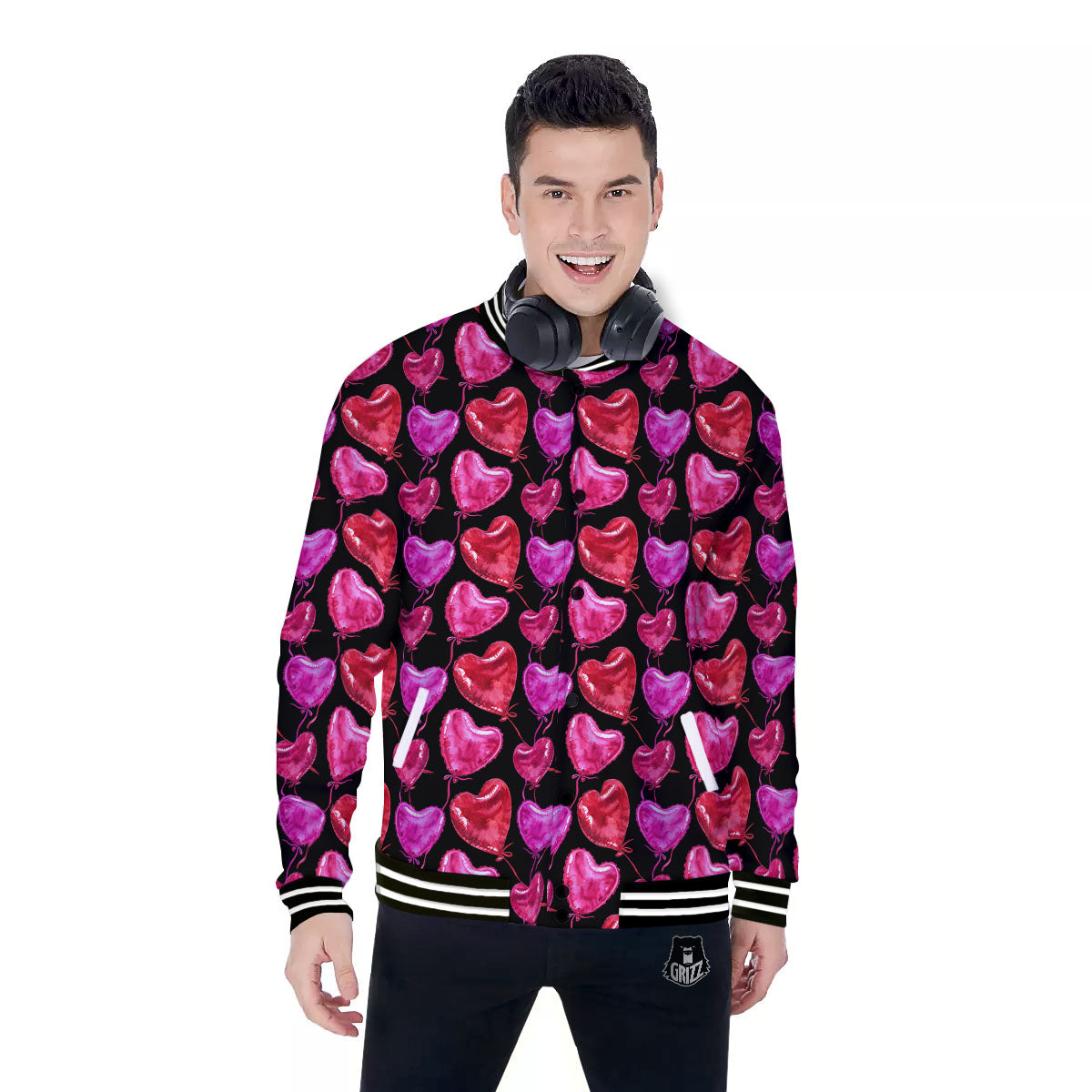 Balloon Red Heart Print Pattern Baseball Jacket-grizzshop