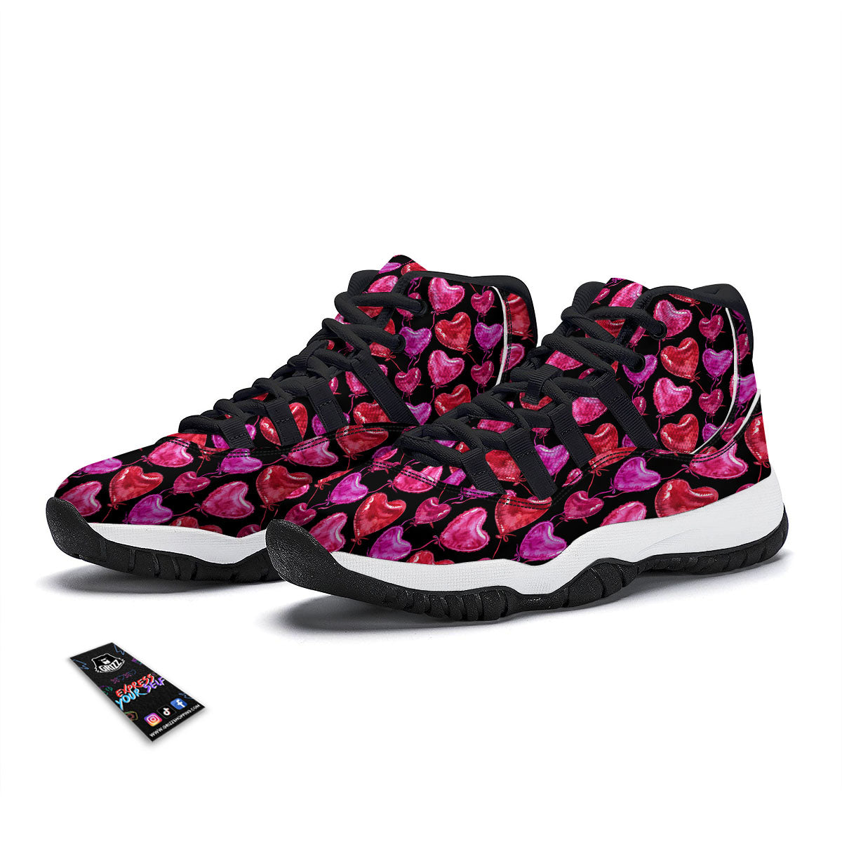 Balloon Red Heart Print Pattern Black Bball Shoes-grizzshop
