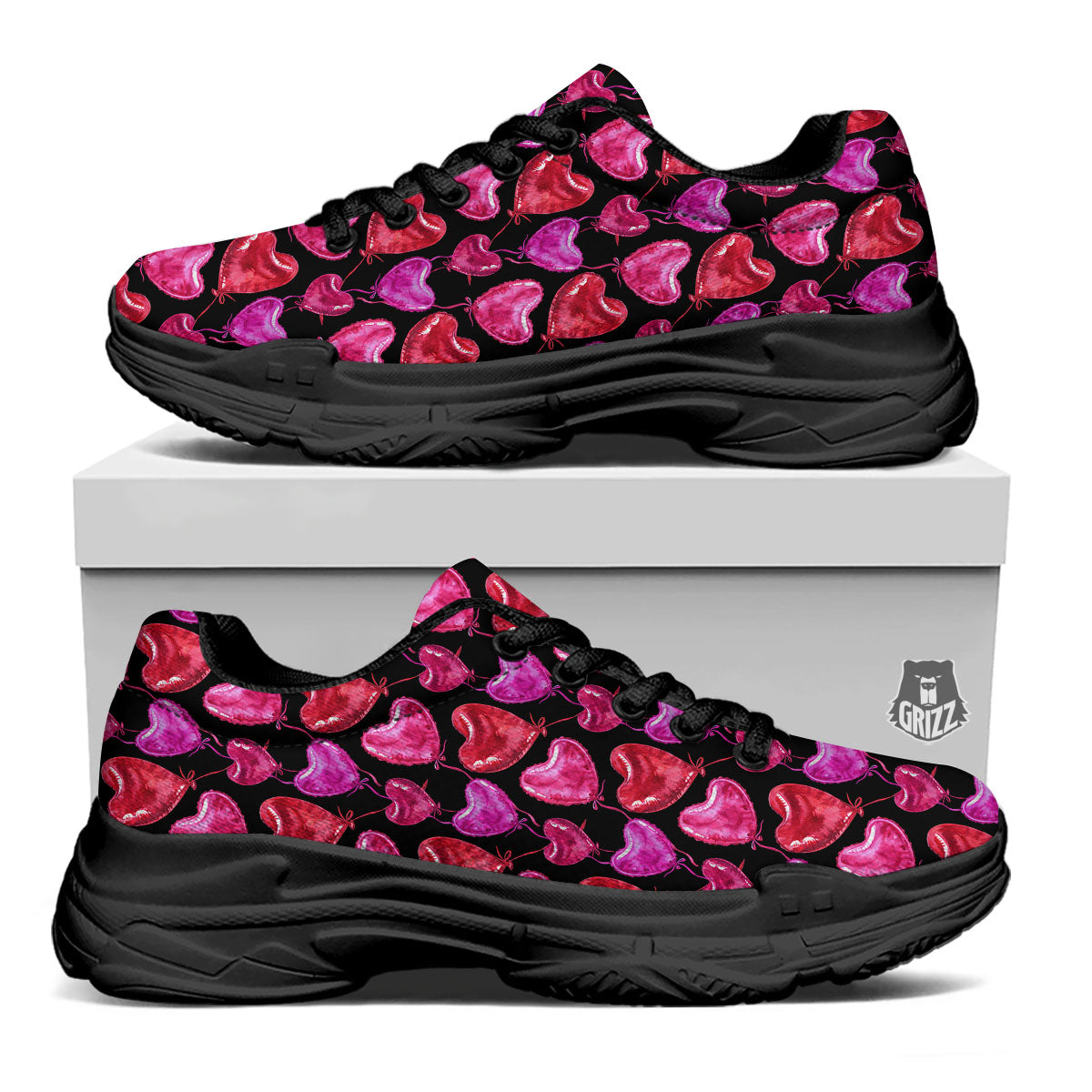 Balloon Red Heart Print Pattern Black Chunky Shoes-grizzshop