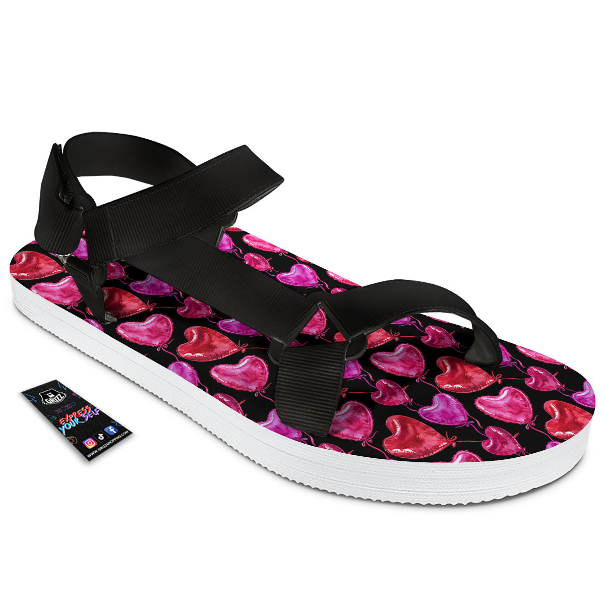 Balloon Red Heart Print Pattern Black Open Toe Sandals-grizzshop
