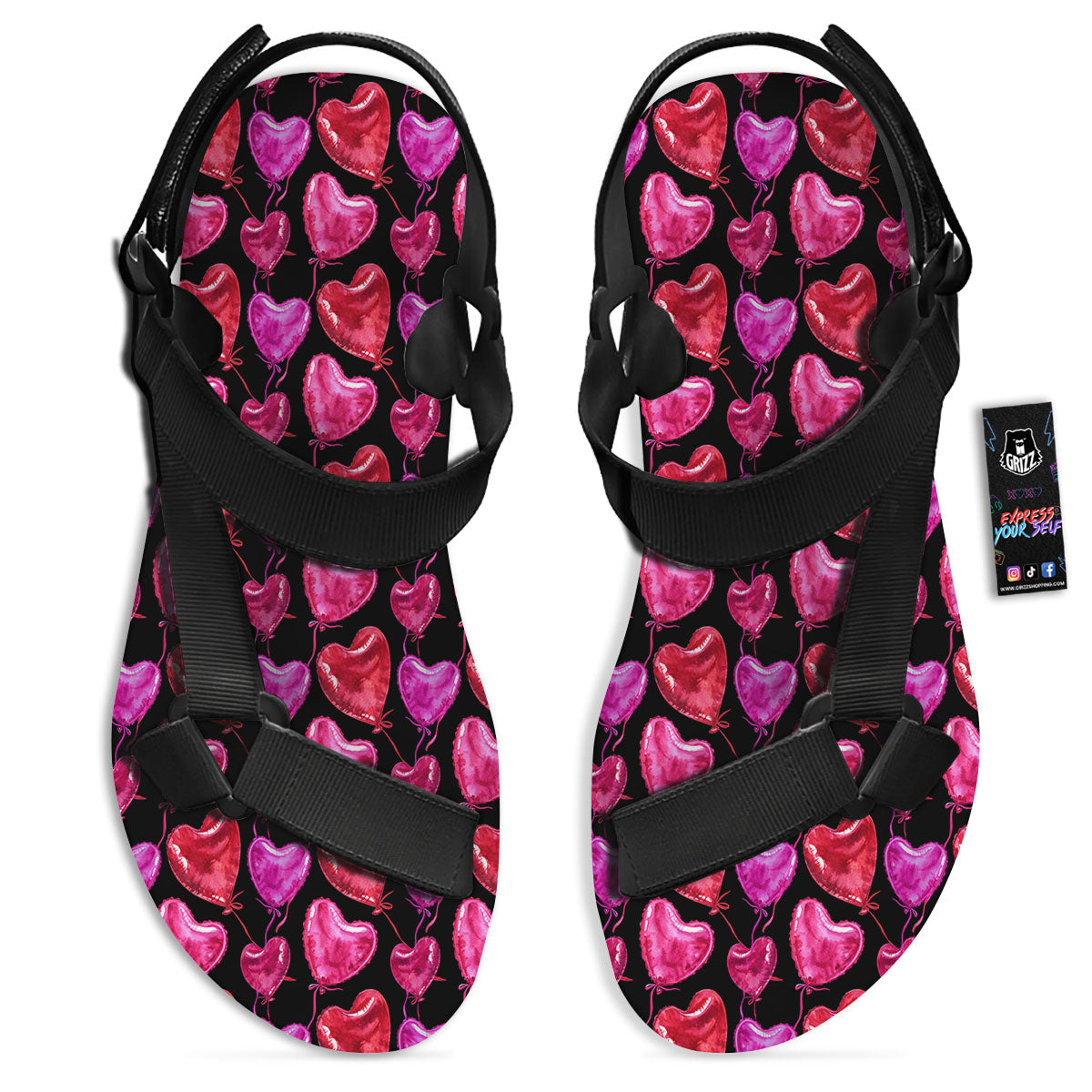 Balloon Red Heart Print Pattern Black Open Toe Sandals-grizzshop