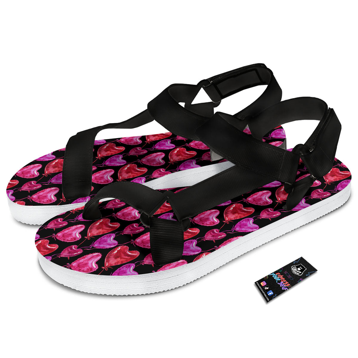 Balloon Red Heart Print Pattern Black Open Toe Sandals-grizzshop