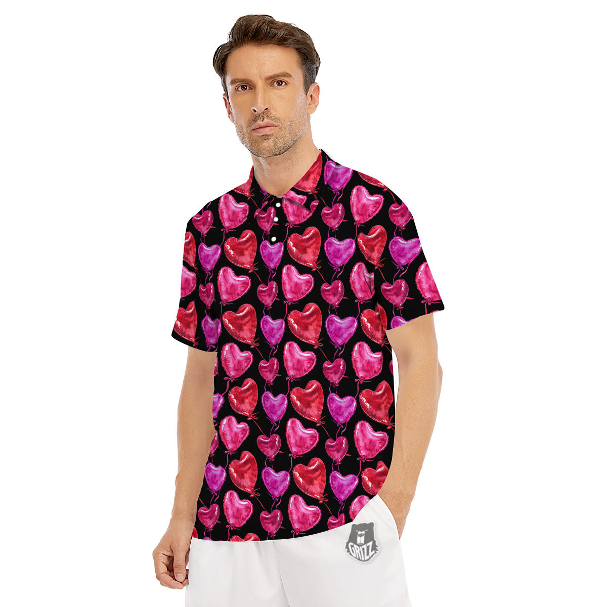Balloon Red Heart Print Pattern Men's Golf Shirts-grizzshop