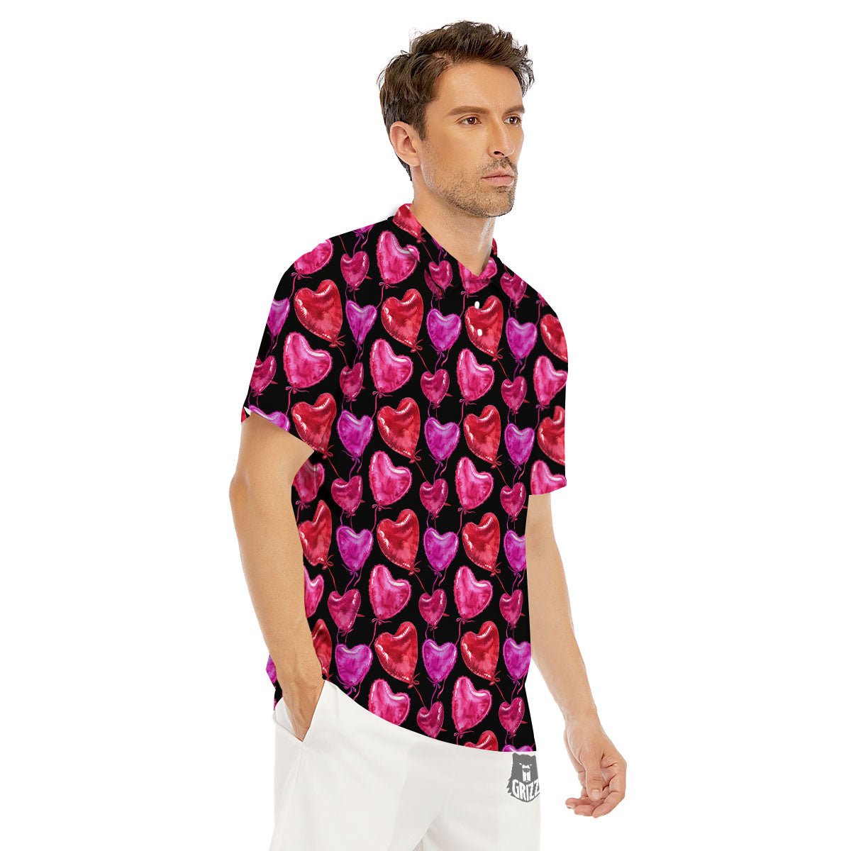 Balloon Red Heart Print Pattern Men's Golf Shirts-grizzshop