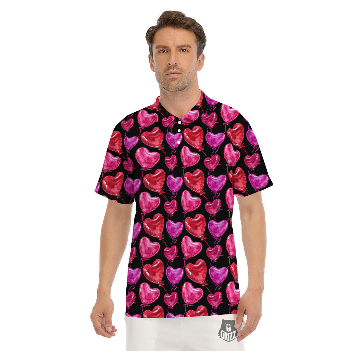 Balloon Red Heart Print Pattern Men's Golf Shirts-grizzshop