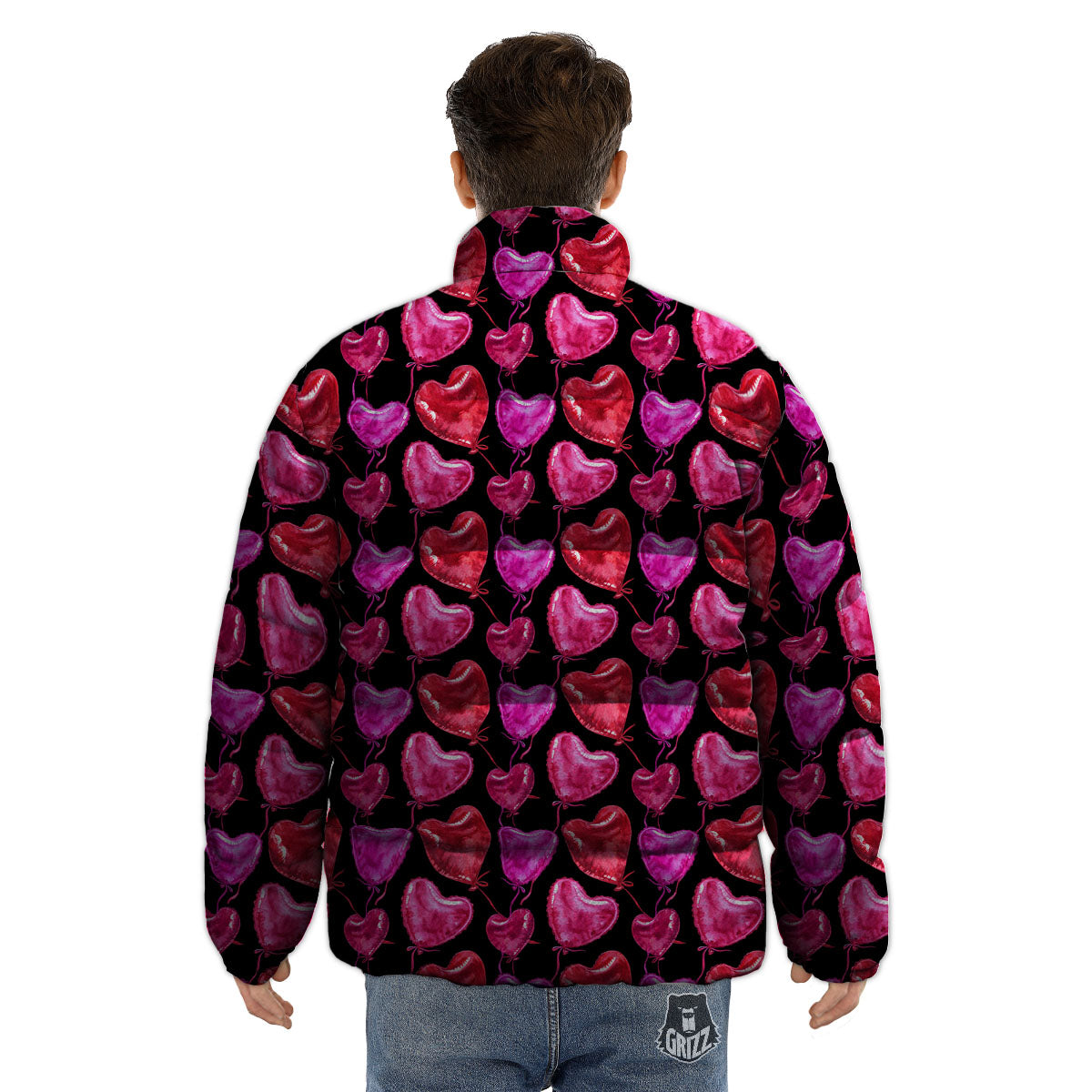 Balloon Red Heart Print Pattern Puffer Jacket-grizzshop