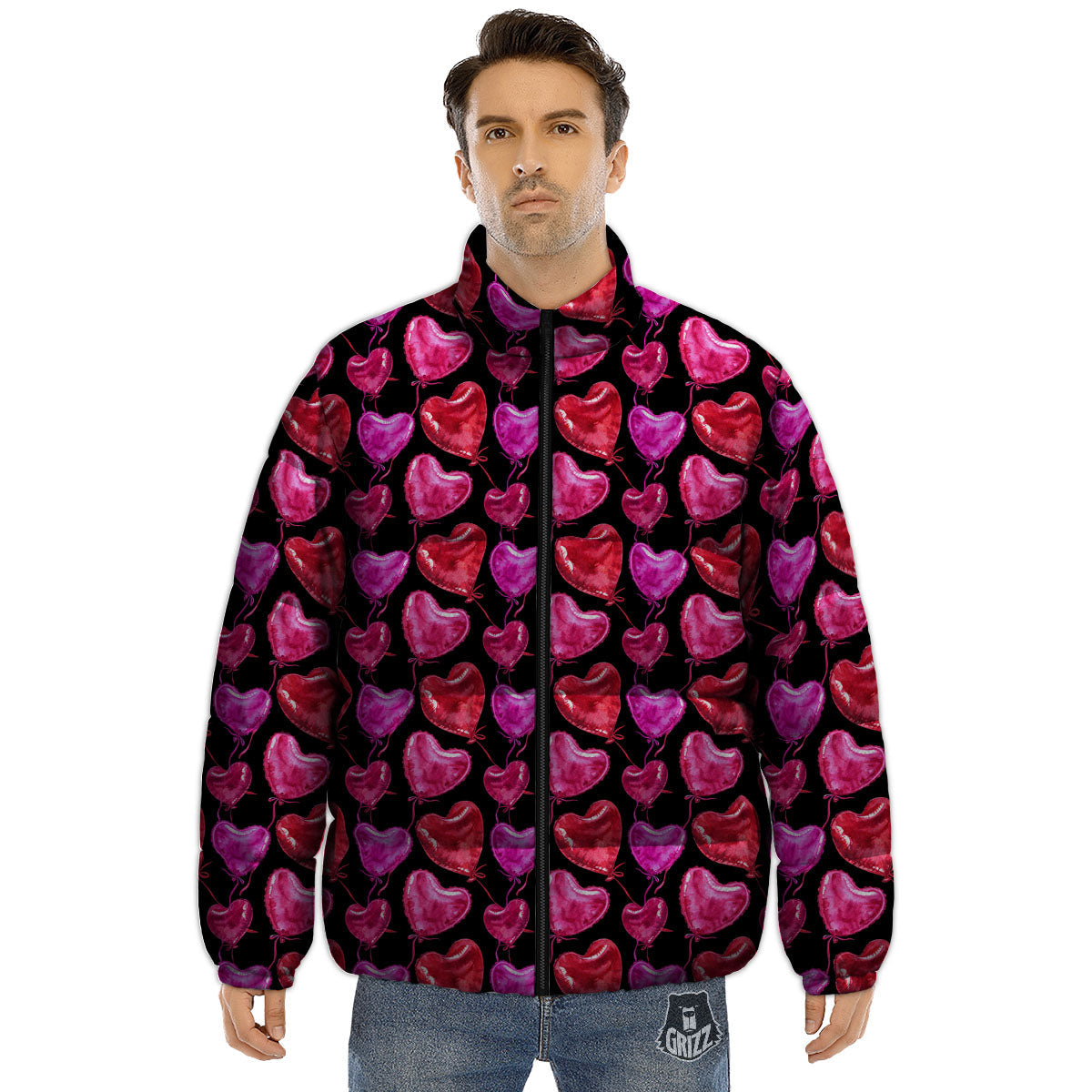 Balloon Red Heart Print Pattern Puffer Jacket-grizzshop