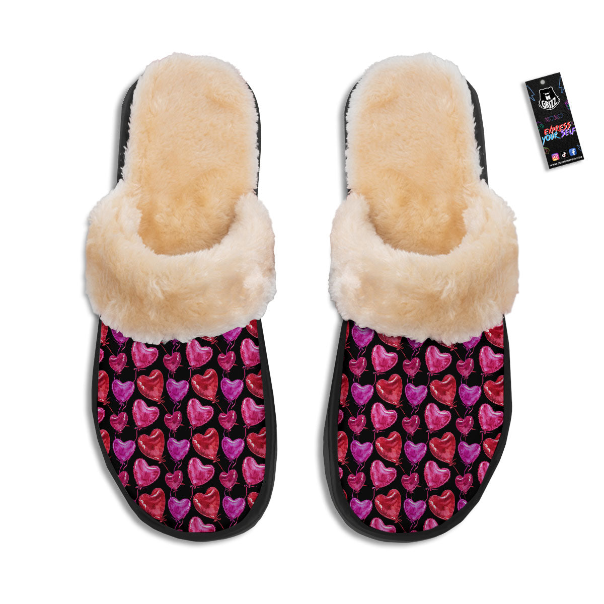 Balloon Red Heart Print Pattern Slippers-grizzshop