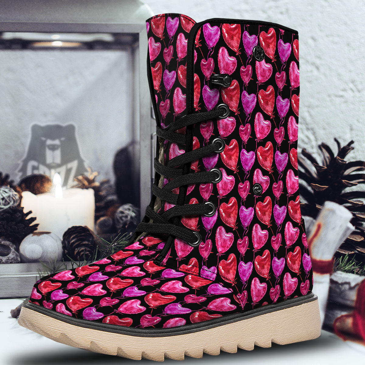 Balloon Red Heart Print Pattern Snow Boots-grizzshop