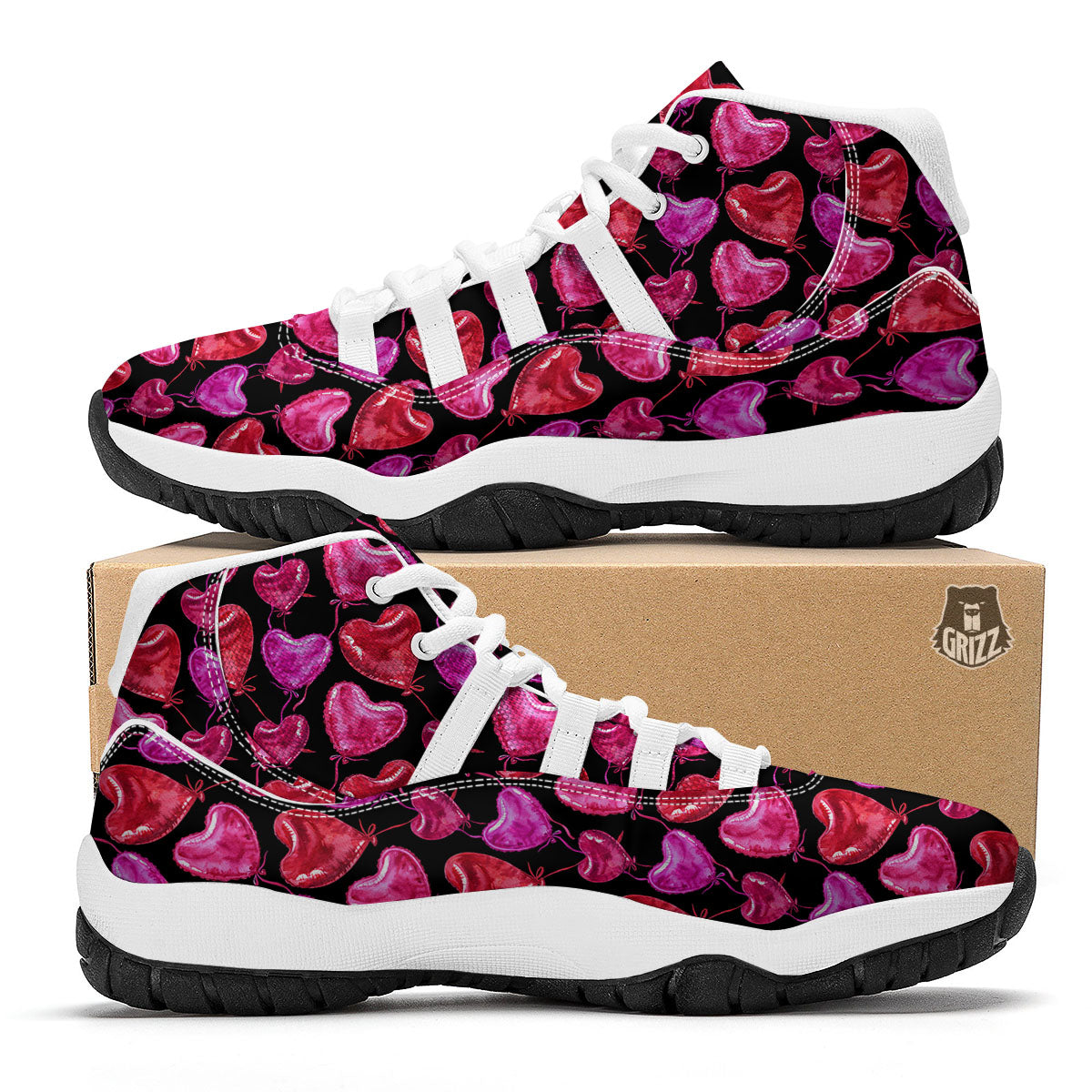 Balloon Red Heart Print Pattern White Bball Shoes-grizzshop