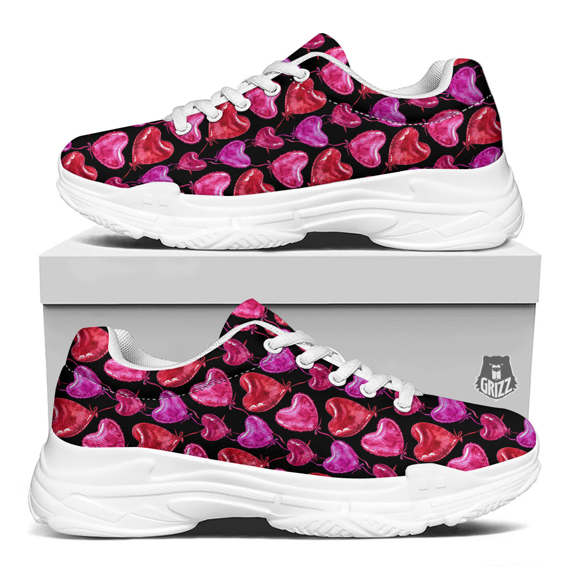 Balloon Red Heart Print Pattern White Chunky Shoes-grizzshop