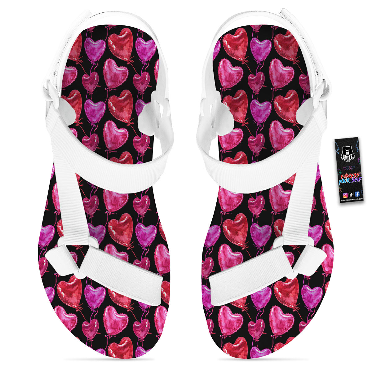 Balloon Red Heart Print Pattern White Open Toe Sandals-grizzshop