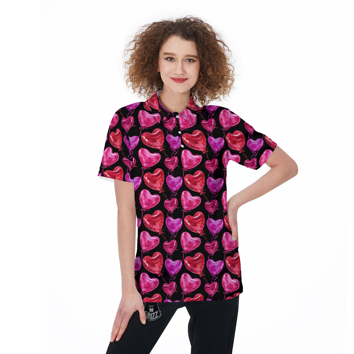 Balloon Red Heart Print Pattern Women's Golf Shirts-grizzshop