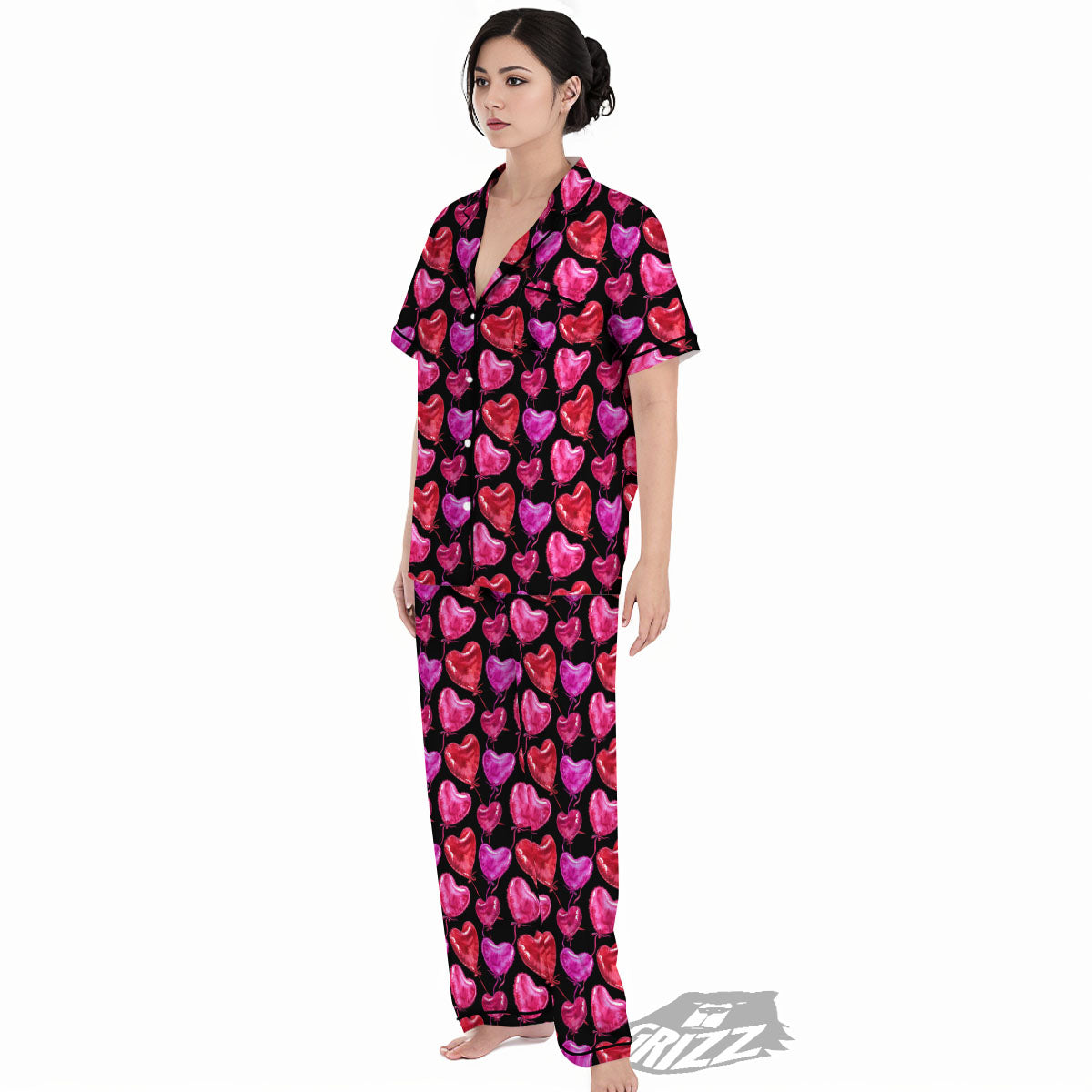 Balloon Red Heart Print Pattern Women's Pajamas Set-grizzshop