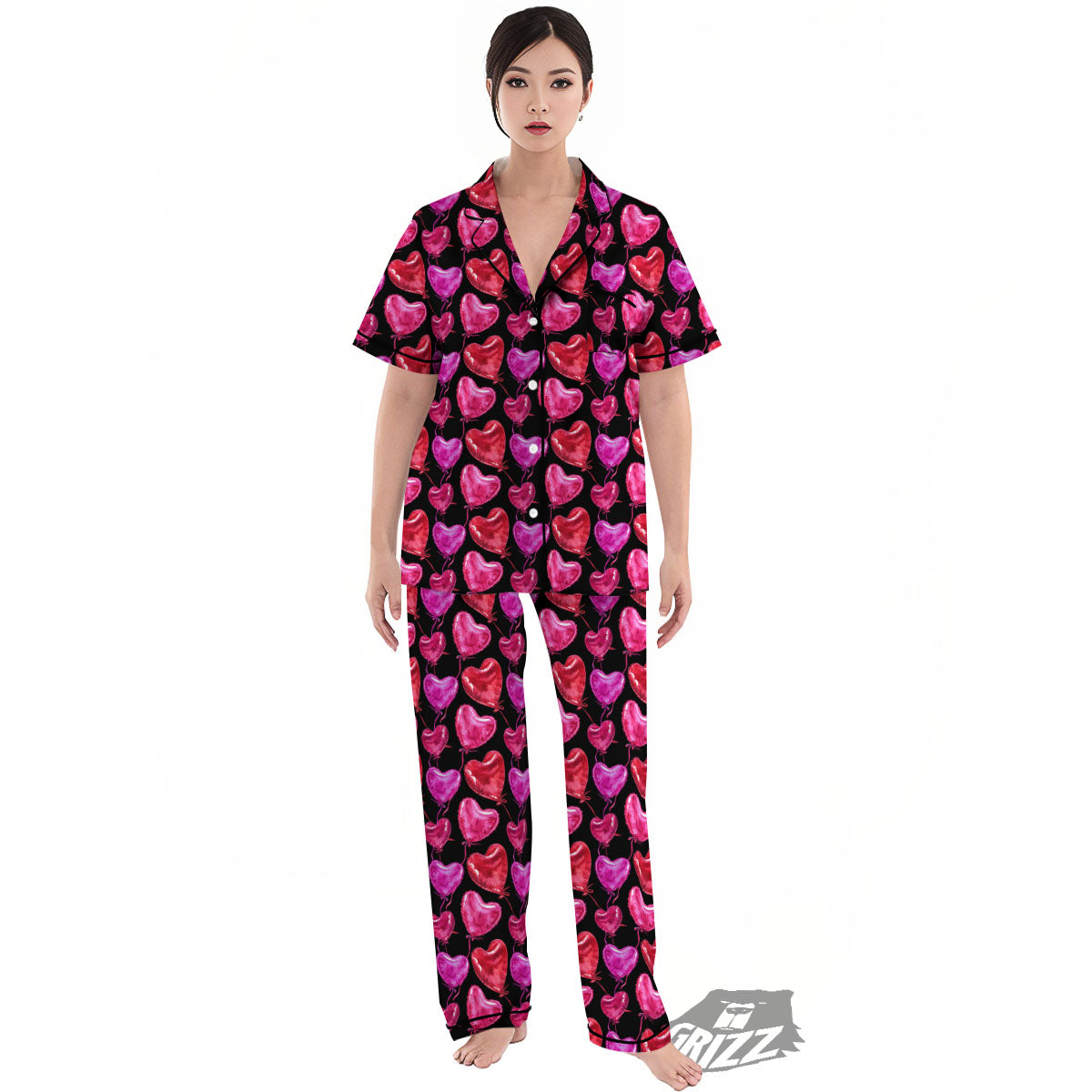 Balloon Red Heart Print Pattern Women's Pajamas Set-grizzshop