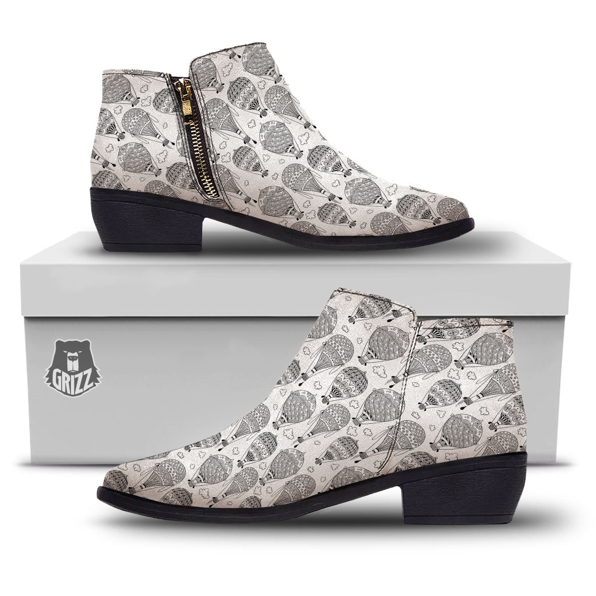 Balloon White And Black Print Pattern Ankle Boots-grizzshop