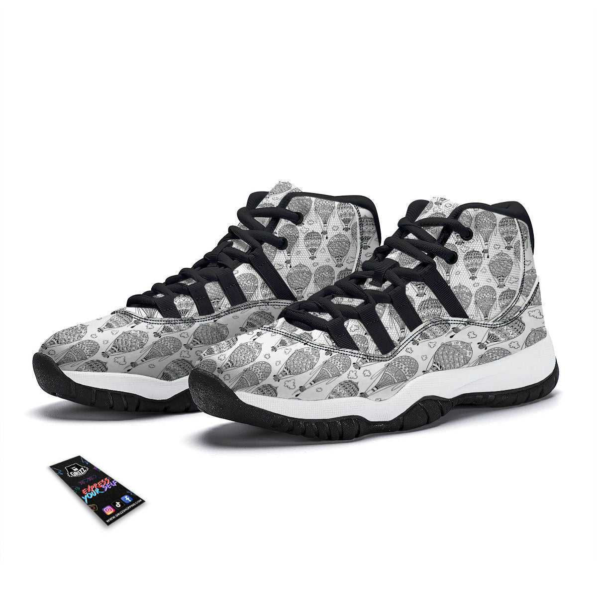Balloon White And Black Print Pattern Black Bball Shoes-grizzshop