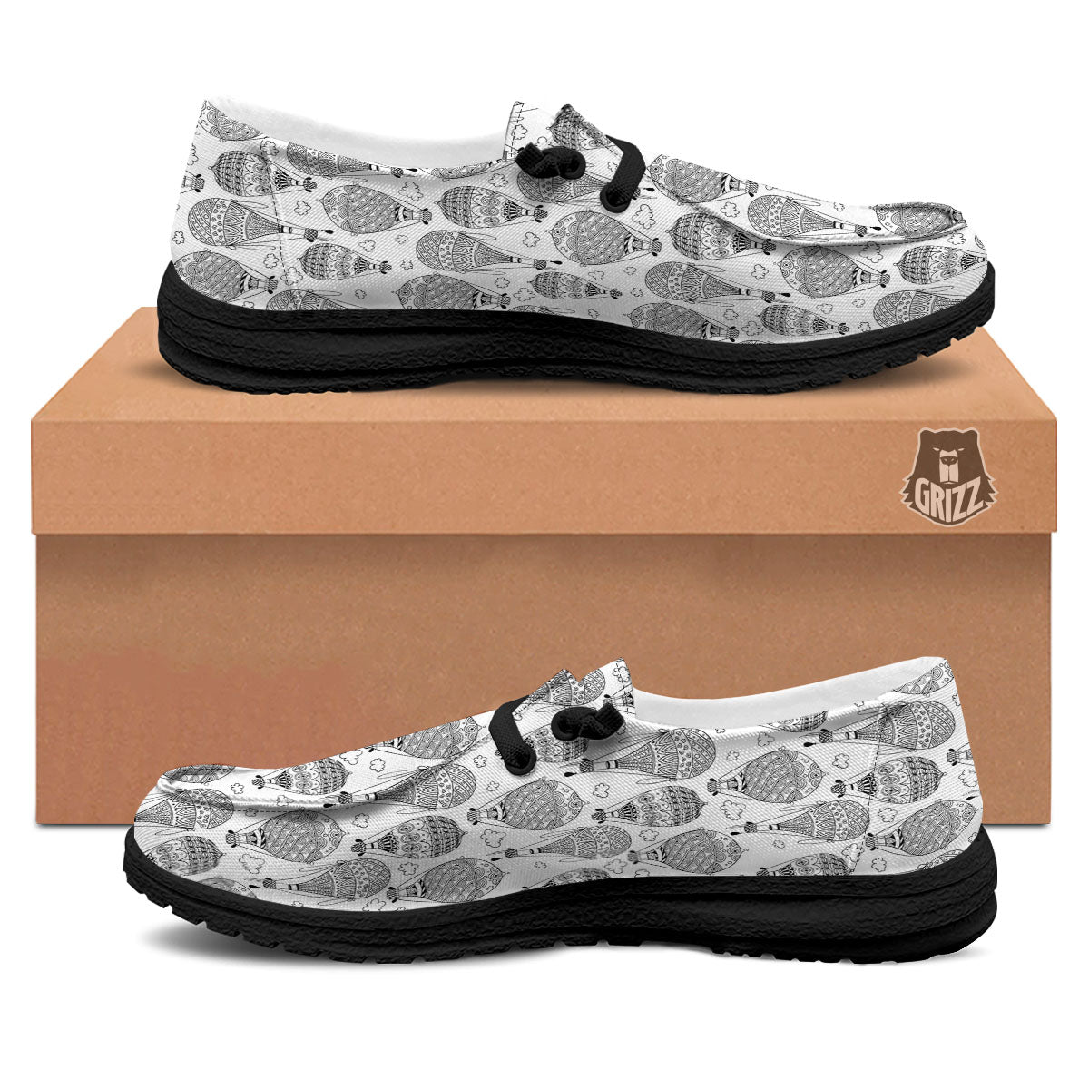 Balloon White And Black Print Pattern Black Loafers-grizzshop